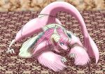 anthro ass_up avian avian_feet big_ears blue_eyes curled_horn dragonewt feathered_wings feathers female fur hair horn hybrid jack-o'_pose kemono mttbsmn muse_meant_777 pink_body pink_feathers pink_fur pink_hair pose solo winged_arms wings