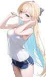  1girl absurdres armpit_crease bare_arms bare_shoulders black_shorts blonde_hair blue_eyes blue_hair bow braid breasts commission cowboy_shot dolphin_shorts drawstring hair_bow hands_up highres holding holding_toothbrush long_hair looking_at_viewer medium_breasts multicolored_hair mumu_muw open_mouth original see-through_clothes see-through_shirt see-through_silhouette shirt short_shorts shorts simple_background sleeveless sleeveless_shirt smile solo sonya_(schan) standing thighs toothbrush two-tone_hair very_long_hair white_background white_shirt 