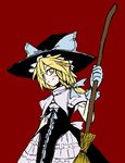  blonde_hair bow braid broom curiosities_of_lotus_asia frills gloves hair_bow hat hat_bow kirisame_marisa mochizuki_ado short_sleeves side_braid simple_background single_braid smile solo touhou white_bow witch witch_hat yellow_eyes 