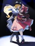  2girls absurdres alternate_costume alternate_headwear ascot black_hat black_pants black_shoes blonde_hair bow brown_hair brown_shoes chinese_commentary closed_eyes commentary_request dancing frilled_bow frilled_hair_tubes frills green_ascot hair_bow hair_tubes hakurei_reimu hat height_difference high_heels highres holding_hands kirisame_marisa leg_up long_hair multiple_girls open_mouth pants red_bow red_eyes red_skirt s-tea-m shadow shoes skirt skirt_set smile spotlight tiptoes touhou yuri 