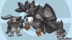  3others artist_name beak black_feathers clenched_hands commentary_request fakemon feathers geta multiple_others no_humans nuzleaf poke_ball pokemon red_eyes redesign seedot shiftry shigeyasu. tengu wings 
