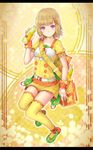  bag blonde_hair bottle c.c._lemon c.c._lemon_(character) highres hourainingyou purple_eyes short_hair shorts smile solo thighhighs wrist_cuffs yellow_legwear 