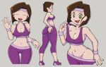 1girl ass back breasts brown_hair cleavage closed_eyes clothes_pull cropped_legs green_eyes grey_background hand_on_own_ass headband highres medarot pants pants_pull purple_pants purple_shoes purple_sports_bra shenanimation shoes short_hair sports_bra sweatdrop tenryou_chidori thighs waving wristband 
