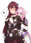  ! black_pantyhose black_shorts blue_eyes blush breasts brown_hair clothing_cutout corset eden_(honkai_impact) elf elysia_(honkai_impact) elysia_(miss_pink_elf)_(honkai_impact) hand_under_clothes hashtag-only_commentary honkai_(series) honkai_impact_3rd large_breasts long_hair pantyhose pink_hair pointy_ears shorts side_cutout simple_background spoken_exclamation_mark toufu_0626 very_long_hair white_background white_corset yellow_eyes yuri 