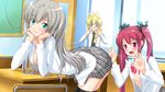  2girls blonde_hair blue_eyes braid cthugha_(nyaruko-san) female_pervert haiyore!_nyaruko-san hastur_(nyaruko-san) highres long_hair multiple_girls nyarlathotep_(nyaruko-san) open_clothes open_mouth pervert red_eyes red_hair school_uniform shirakawa_mayo silver_hair skirt thighhighs twintails you_gonna_get_raped yuri 