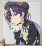 1girl earrings from_side hat heaven_burns_red highres jewelry kanikure12 military_hat military_rank_insignia military_uniform purple_hair red_eyes tezuka_saki traditional_media 