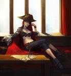  bicorne breasts cape cleavage crossed_legs detached_sleeves earrings hat highres jewelry knife league_of_legends lipstick long_hair makeup map medium_breasts midriff navel noa_ikeda realistic red_hair sarah_fortune sitting solo wavy_hair wristband yellow_eyes 
