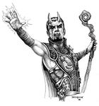  demon dungeons_&amp;_dragons greyscale horn magic_user male monochrome monster plain_background polearm solo staff tiefling unknown_artist white_background wizards_of_the_coast 