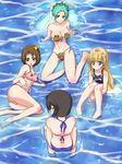  4girls aqua_hair back bare_shoulders bikini black_hair blonde_hair blue_eyes blush breasts brown_eyes brown_hair chloe_valens cleavage flower green_eyes grune_(tales) grune_(tales_of_legendia) long_hair midriff multiple_girls namco navel norma_beatty pac-man_(game) shirley_fennes short_hair swimsuit tales_of_(series) tales_of_legendia veil water 