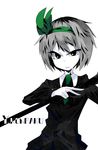  character_name contemporary formal green_eyes highres konpaku_youmu necktie pei_(xxxx) raised_eyebrow short_hair silver_hair simple_background solo suit sword touhou uneven_eyes weapon white_background 