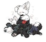  2026 aaasakawa ambiguous_gender anthro black_body black_fur black_nose broken_vessel_(hollow_knight) canid canine cloak clothed clothing eyes_closed felid feline female_(lore) fluffy fluffy_tail fur group half_sister_(lore) hi_res holding_another hollow_knight_(franchise) hornet_(hollow_knight) inner_ear_fluff lying mammal motion_lines on_front on_ground on_side open_mouth open_smile pawpads paws red_clothing sharp_teeth sibling_(lore) simple_background sister_(lore) sitting sleeping smile tail team_cherry teeth tongue tuft white_background white_body white_fur 