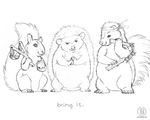  acorn black_and_white feral group hedgehog kacey looking_at_viewer mammal monochrome nunchaku nunchuck plain_background rodent sketch skunk slingshot squirrel white_background 