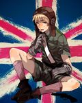  ankle_boots axis_powers_hetalia blonde_hair boots eyebrows flag flag_background frown gloves goggles goggles_on_head green_eyes gun hat kneehighs male_focus military military_uniform napa_(napppppa) open_mouth shirt shorts sitting socks sweat tongue uniform union_jack united_kingdom united_kingdom_(hetalia) weapon 