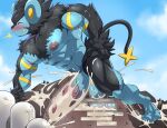 anthro balls big_penis black_body black_fur blue_body blush bodily_fluids clenched_teeth crush cum cum_inside destruction erection excessive_cum excessive_genital_fluids exercise eyes_closed facility felid flooding fur generation_4_pokemon genital_fluids genitals hi_res luxray macro maldu male mammal mountain muscular muscular_male nintendo nude orgasm penetration penile penis penis_milking pokemon pokemon_(species) precum push-up sexercise solo tail teeth volcano