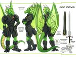  arc_nova armor dragon green green_scales horn kacey meele_weapon melee_weapon model_sheet ranged_weapon scalie solo tail_clothing weapon wings yellow_eyes 