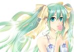  bad_id bad_pixiv_id bare_shoulders floating_hair flower fujisaki_yui green_eyes green_hair hair_ribbon hatsune_miku long_hair looking_at_viewer polka_dot_ribbon ribbon simple_background sleeveless smelling_flower solo tulip twintails upper_body vocaloid yellow_ribbon 