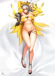  breasts cleavage detached_sleeves elf elsword glasses grey_hair hair_ornament highres large_breasts pointy_ears rena_(elsword) sandals snowball22 solo underwear yellow_eyes yellow_sleeves 