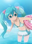  ahoge aqua_eyes aqua_hair bikini bikini_skirt hand_on_hip hatsune_miku innertube leaning_forward lens_flare long_hair navel scrunchie skirt smile solo striped striped_skirt swimsuit twintails vocaloid wading water wet yazwo 