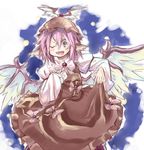  amagase_lyle animal_ears bow brown_dress dress grey_eyes hat highres mystia_lorelei one_eye_closed open_mouth pink_hair short_hair sketch smile solo touhou wings 