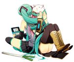  animal_hat bad_id bad_pixiv_id boots cat_hat covering_face cross-laced_footwear detached_sleeves green_hair handheld_game_console hat hatsune_miku knee_boots lace-up_boots long_hair megurine_luka multiple_girls necktie nintendo_3ds pink_hair simple_background sitting skirt spring_onion thigh_boots thighhighs toeto_(vocaloid) twintails very_long_hair vocaloid white_background yamada_(onigori105) 