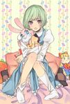  bad_id bad_pixiv_id blue_eyes bob_cut chikushou_desu doll dress green_hair highres no_shoes original purple_eyes socks solo stuffed_animal stuffed_bunny stuffed_toy 