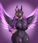  2018 anthro areola black_nose blush breasts canine digital_media_(artwork) female hair hi_res horn looking_at_viewer mammal navel nipples phantasy_star phantasy_star_online phantasy_star_online_2 simple_background smile solo spread_wings suirano thick_thighs video_games wide_hips wings 