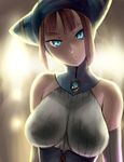  bare_shoulders blue_eyes breasts breath_of_fire breath_of_fire_v brown_hair hat head_tilt highres large_breasts lin_(breath_of_fire) looking_at_viewer solo ueyama_michirou upper_body 