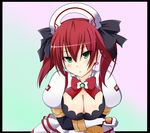  black_border border breast_hold breasts cave_(choujigen_game_neptune) choujigen_game_neptune_mk2 cleavage earrings green_eyes hair_ornament hair_ribbon jewelry large_breasts looking_at_viewer neptune_(series) red_hair ribbon short_hair solo tenpesuto twintails upper_body 