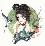  1girl absurdres bare_shoulders bird bird_hair_ornament black_bird black_hair blue_eyes branch chinese_commentary circle closed_mouth commentary_request cropped_torso facial_mark flower forehead_mark from_side hair_ornament hand_up highres light_smile long_hair looking_at_animal official_alternate_costume pink_flower portrait red_lips reverse:1999 solo sparrow white_background willow willow_(reverse:1999) wvw 