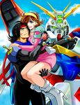  1girl bad_id bad_pixiv_id black_hair blue_eyes bodysuit brown_hair carrying couple domon_kasshu earrings g_gundam god_gundam gundam hairband headband hetero hug jewelry jobo_(isi88) mecha rain_mikamura short_hair 