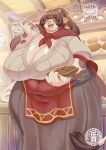 absurd_res anthro apron artist_logo belly big_belly big_breasts black_body black_fur black_hair blush bovid bovine breasts brown_hair cape cattle ceiling cleavage clothed clothing colored_nails cooking_tongs deep_navel digit_ring eyebrow_through_hair eyebrows female female_anthro finger_ring fingernails fur glistening glistening_breasts grey_horn hair hi_res holding_bread holding_object holding_plate holding_tongs holding_tool holstein_friesian_cattle horn huge_belly huge_breasts inside japanese_text jewelry kitchen_utensils logo looking_at_viewer mammal markings mole_(marking) mole_on_breast nails navel navel_outline open_mouth overweight overweight_anthro overweight_female red_apron red_cape red_clothing sasanoha6011 solo standing tail tail_tuft text thick_thighs tongs tools translucent translucent_hair tuft white_body white_fur wide_hips yellow_fingernails yellow_nails