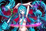  aqua_eyes aqua_hair armpits arms_up blood hatsune_miku headset long_hair necktie open_clothes open_shirt panties prehensile_hair samael_(5211) shirt solo spring_onion striped striped_panties tongue twintails underwear very_long_hair vocaloid 