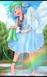  barefoot blue_eyes blue_hair blush boots boots_removed cloud day hair_ornament hat highres hose kawashiro_nitori looking_at_viewer navel one_eye_closed open_mouth pekin puddle rubber_boots short_hair skirt sky smile solo touhou tree two_side_up water wet 