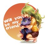  animal animal_hug barefoot english gen_5_pokemon green_eyes green_hair highres holding holding_pokemon long_hair magatsumagic n_(pokemon) pokemon pokemon_(creature) pokemon_(game) pokemon_bw shorts younger zorua 