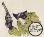  .357_magnum 2023 anthro azonbobcat black_body black_fur black_nose claws clothing coat colt_python countershade_neck countershading crazy_eyes creepy creepy_face dialogue english_text evil_face evil_look eyewear fur glasses gulonine gun handgun hi_res holding_gun holding_handgun holding_object holding_ranged_weapon holding_revolver holding_weapon insane jack_salem looking_at_viewer lyrics male mammal marten mustelid musteline nine_inch_nails open_mouth pince-nez ranged_weapon revolver sable_(marten) serial_killer sharp_teeth simple_background solo speech_bubble tan_background teeth text topwear traditional_media_(artwork) trenchcoat weapon white_body white_fur 