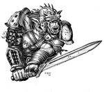  bracers bugbear dungeons_&amp;_dragons greyscale helmet monochrome monster piercing plain_background sword unknown_artist warrior weapon white_background wizards_of_the_coast 