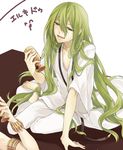  androgynous armlet bad_id bad_pixiv_id barefoot bracelet cup enkidu_(fate/strange_fake) fate/strange_fake fate/zero fate_(series) goblet green_eyes green_hair jewelry kyou_zip long_hair male_focus multiple_boys robe 