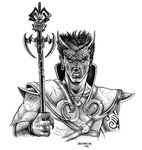  armor demon dungeons_&amp;_dragons greyscale horn magic_user male monochrome monster necklace plain_background polearm solo staff tiefling unknown_artist white_background wizards_of_the_coast 