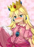  age_regression bare_shoulders blonde_hair blue_eyes blush crown crying crying_with_eyes_open dress dress_lift earrings flat_chest gloves heart jewelry long_hair magister_(medical_whiskey) mario_(series) pink_dress princess_peach single_glove solo super_mario_bros. tears white_gloves younger 
