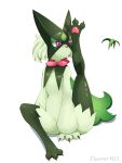  2025 3:4 acting_like_a_cat ambiguous_gender anthro claws eleonorm11 felid feline fur generation_9_pokemon green_body green_fur green_hair hair hi_res licking mammal meowscarada nintendo pawpads paws pink_eyes pokemon pokemon_(species) self_lick signature simple_background sitting solo tongue tongue_out 