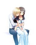  1girl blonde_hair brown_eyes brown_hair couple dress fate/extra fate_(series) hetero hug hug_from_behind kishinami_hakuno_(female) leonard_bistario_harway long_hair pesu_(penpen) short_hair sitting v_arms 