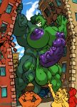 anthro big_breasts big_muscles big_penis breasts crowd_watching destruction domestic_cat felid feline felis fur genitals gimmemysmokes green_body green_fur gynomorph hi_res hulk intersex macro mammal marvel muscular penis solo