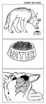  ? all_fours ambiguous_gender black_and_white black_nose bowl canine codec comic dialog dog dog_bowl dog_food eating english_text female feral food food_bowl german_shepherd looking_down mammal mekoryuk monochrome pet standing text 
