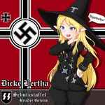  aqua_eyes armband belt blonde_hair dagger dicke_bertha flag german hand_on_hip hat highres holster kouson'en kutsuzure_sensen laughing long_hair military military_uniform nazi nazi_war_ensign pointy_ears reichsadler runes sigrunen solo ss_insignia swastika totenkopf translated uniform waffen-ss weapon witch_hat world_war_ii 