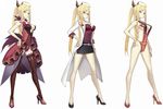  ahoge bare_legs blonde_hair breasts brown_eyes brown_legwear costume_chart dodonpachi dodonpachi_saidaioujou expressionless flower full_body glasses hand_on_hip high_heels labcoat legs leotard long_hair long_legs medium_breasts multiple_persona nagi_ryou official_art pencil_skirt red_flower red_leotard red_rose rose shoes shuri_(saidaioujou) skirt swimsuit teacher thighhighs thighs twintails underboob white_background 