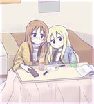  blonde_hair brother_tomita brown_hair fork k-on! kotatsu kotobuki_tsumugi long_hair multiple_girls plate sitting table yamanaka_sawako 