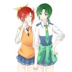 alternate_hairstyle bad_id bad_pixiv_id blush closed_eyes clothes_around_waist cosplay costume_switch green_eyes green_hair green_neckwear hair_ornament hairstyle_switch highres hino_akane_(smile_precure!) holding_hands interlocked_fingers midorikawa_nao multiple_girls nanairogaoka_middle_school_uniform necktie personality_switch precure red_hair school_uniform shinsono_shiroko short_hair skirt sleeves_rolled_up smile smile_precure! standing sweater sweater_around_waist sweater_vest 