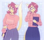 ambiguous_gender angie_imagines anthro blouse book bottomwear cheek_tuft choker clothing domestic_cat ear_piercing eyewear facial_tuft felid feline felis fluffy fluffy_tail freckled_face freckles glasses heart_nose heart_symbol hi_res highlights_(coloring) jasper_(angie_imagines) jewelry mammal necklace nerd nonbinary_(lore) pants pattern_clothing pattern_topwear pawpads piercing plaid plaid_clothing plaid_topwear pleated_skirt pose skirt solo standing sweater tail topwear tuft wearing_glasses