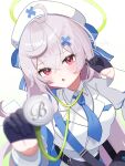  1girl beatrixa_(stella_sora) black_gloves blue_necktie chestnut_mouth collared_shirt commentary_request crossed_bangs gloves grey_hair hair_between_eyes hair_ornament half_gloves halo hands_up highres holding holding_stethoscope long_hair long_sleeves looking_at_viewer necktie nomuchoco parted_lips red_eyes shirt solo stella_sora stethoscope upper_body wing_collar x_hair_ornament 