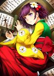  calligraphy_brush floral_print flower hair_flower hair_ornament hieda_no_akyuu japanese_clothes lying ninamo on_side paintbrush parted_lips purple_eyes purple_hair scroll short_hair solo touhou 